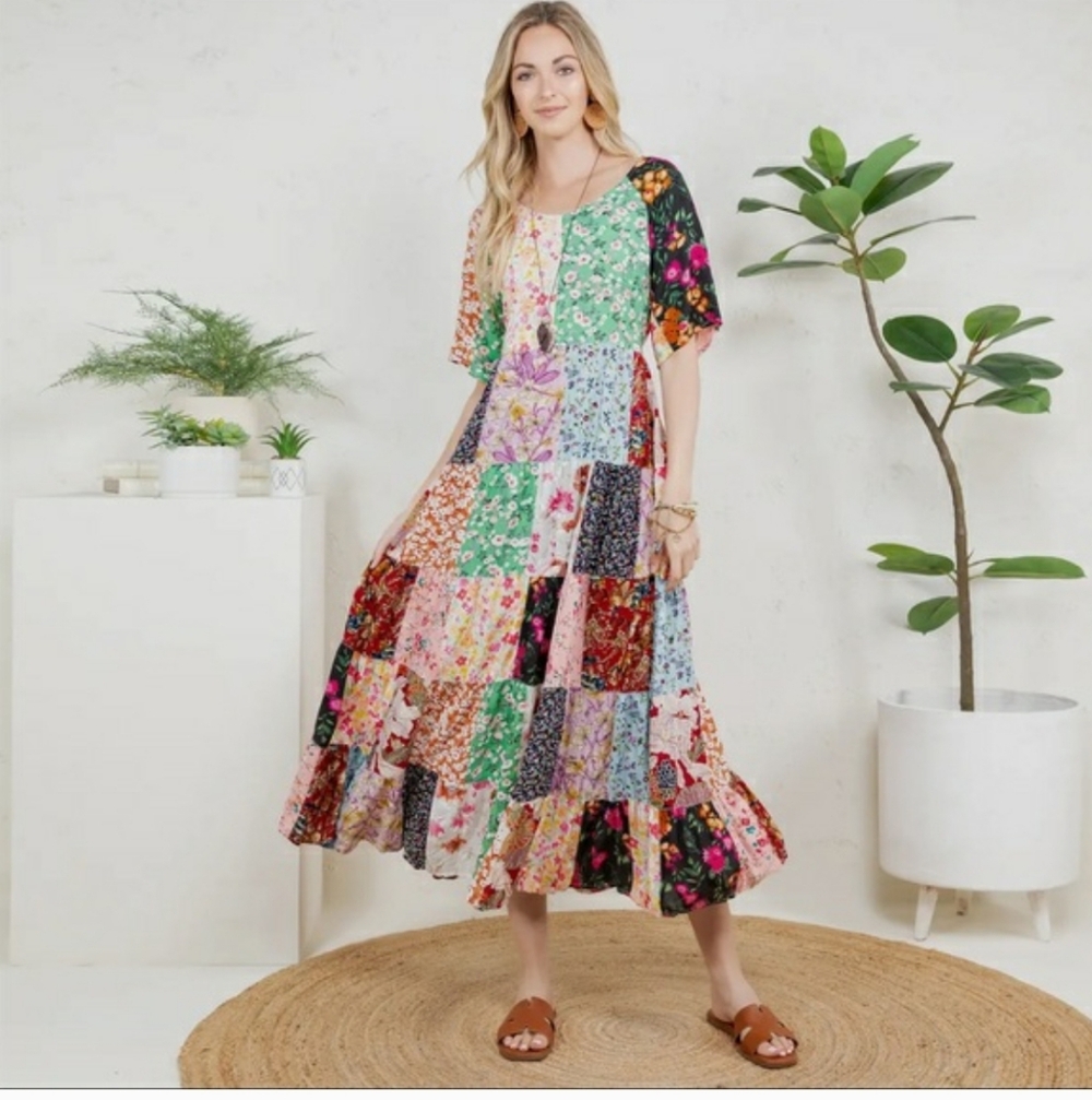 NWT Young Threads Colorful Patchwork Maxi Dress 1… - image 1